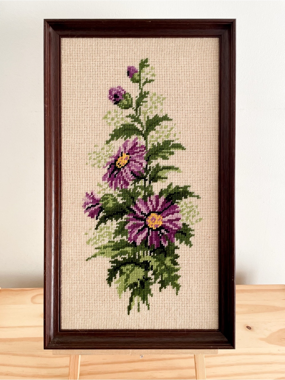 Vintage Purple Aster Floral Framed Needlepoint Wall Art